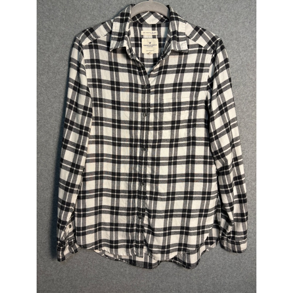 American Eagle Women's Soft Plaid Button Up Shirt Black White Boyfriend Fit XS